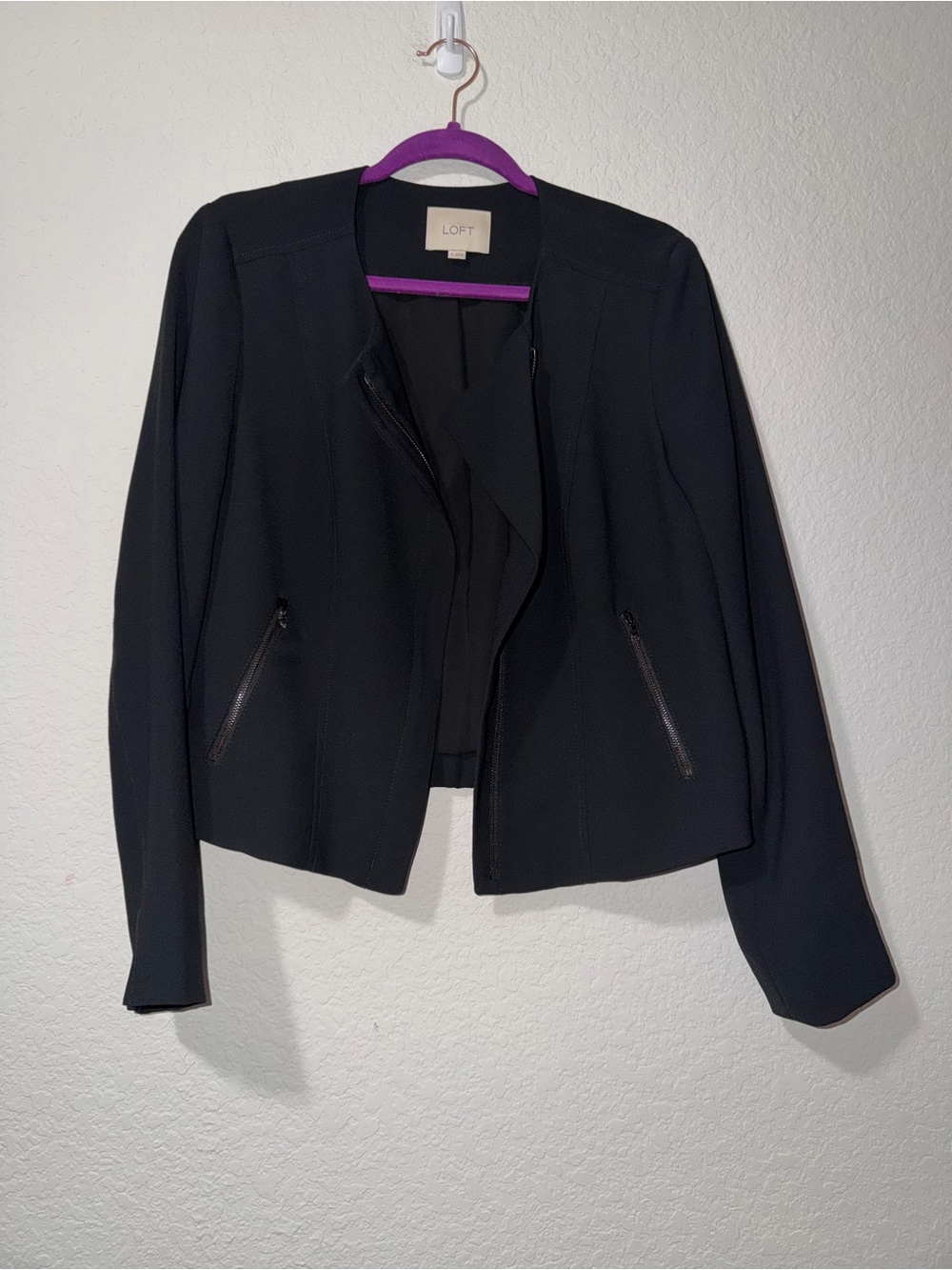 LOFT Women's Black Open-Front Zip-Pocket Blazer